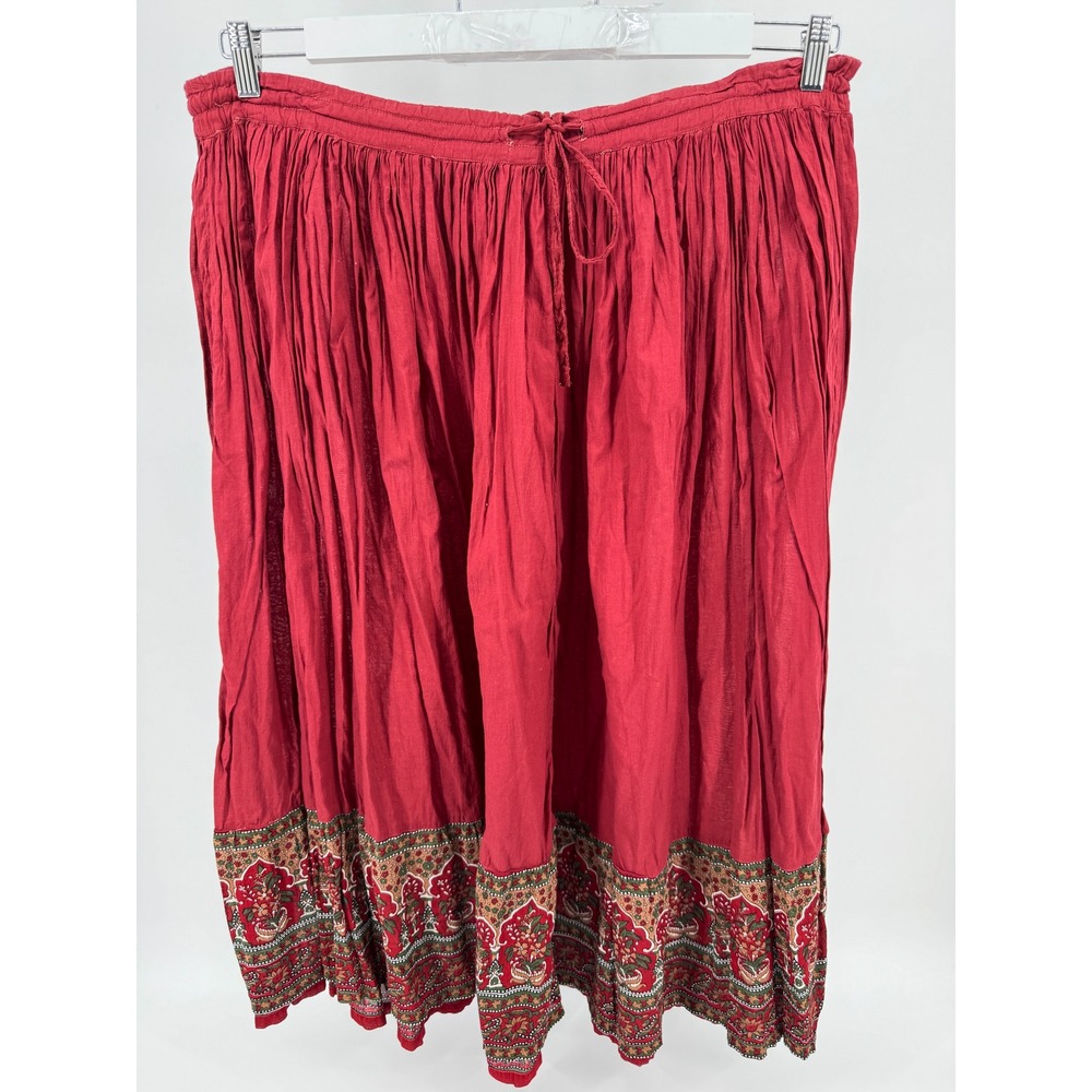Sage‎ Harbor XL Red Cotton Gauze Maxi Skirt Peasant Style Bohemian Border Print